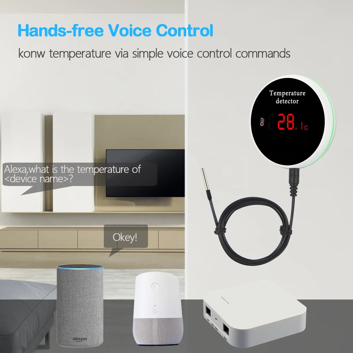 Thermomètre intelligent WiFi Tuya avec sonde externe, batterie rechargeable et alimentation USB, fonctionne avec Alexa/Google Home