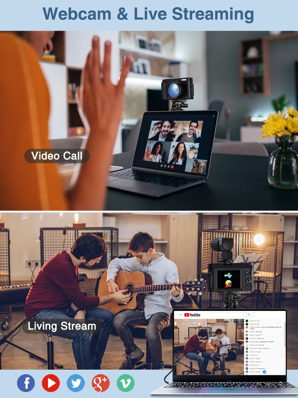 4K/48MP Vlog Camera 3'' Flip Screen Autofocus Anti-Shake 16X Zoom & Flash Compact for Travel