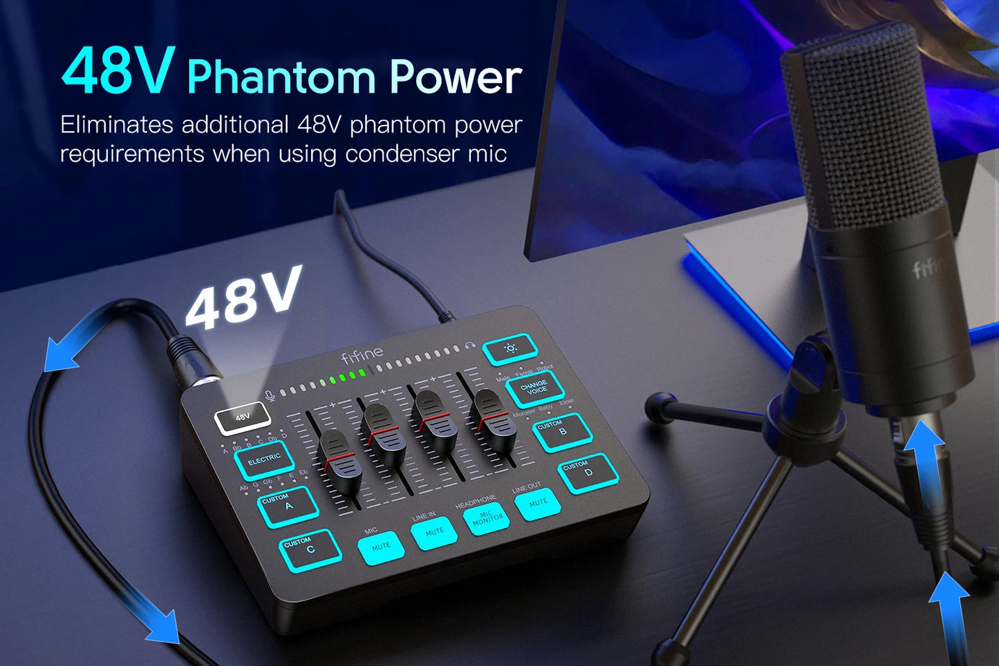Console de mixage RGB 4 canaux AmpliGame SC3 Pro avec interface XLR/USB et alimentation fantôme 48 V pour jeux/podcasts/YouTube (certifiée Discord/OBS)