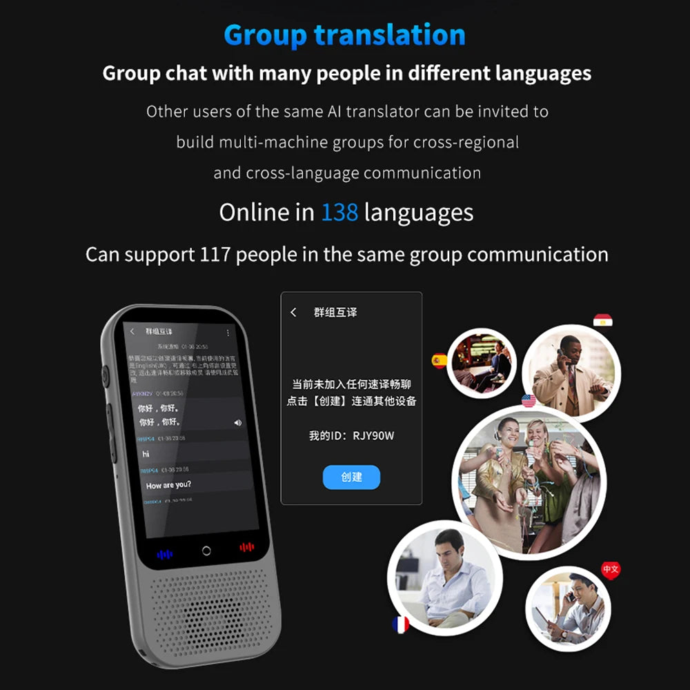 Appareil de traduction IA portable, 138 langues, traduction vocale en temps réel, 16 modes hors ligne et fonction ChatGPT, conversation bidirectionnelle, essentiel pour les voyages d'affaires