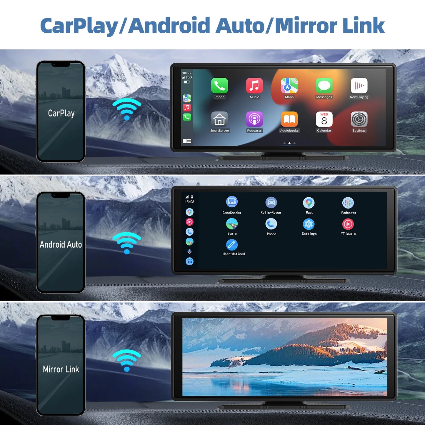 Universal portable car screen, wireless screen, wireless car stereo with Android car, car touch screen