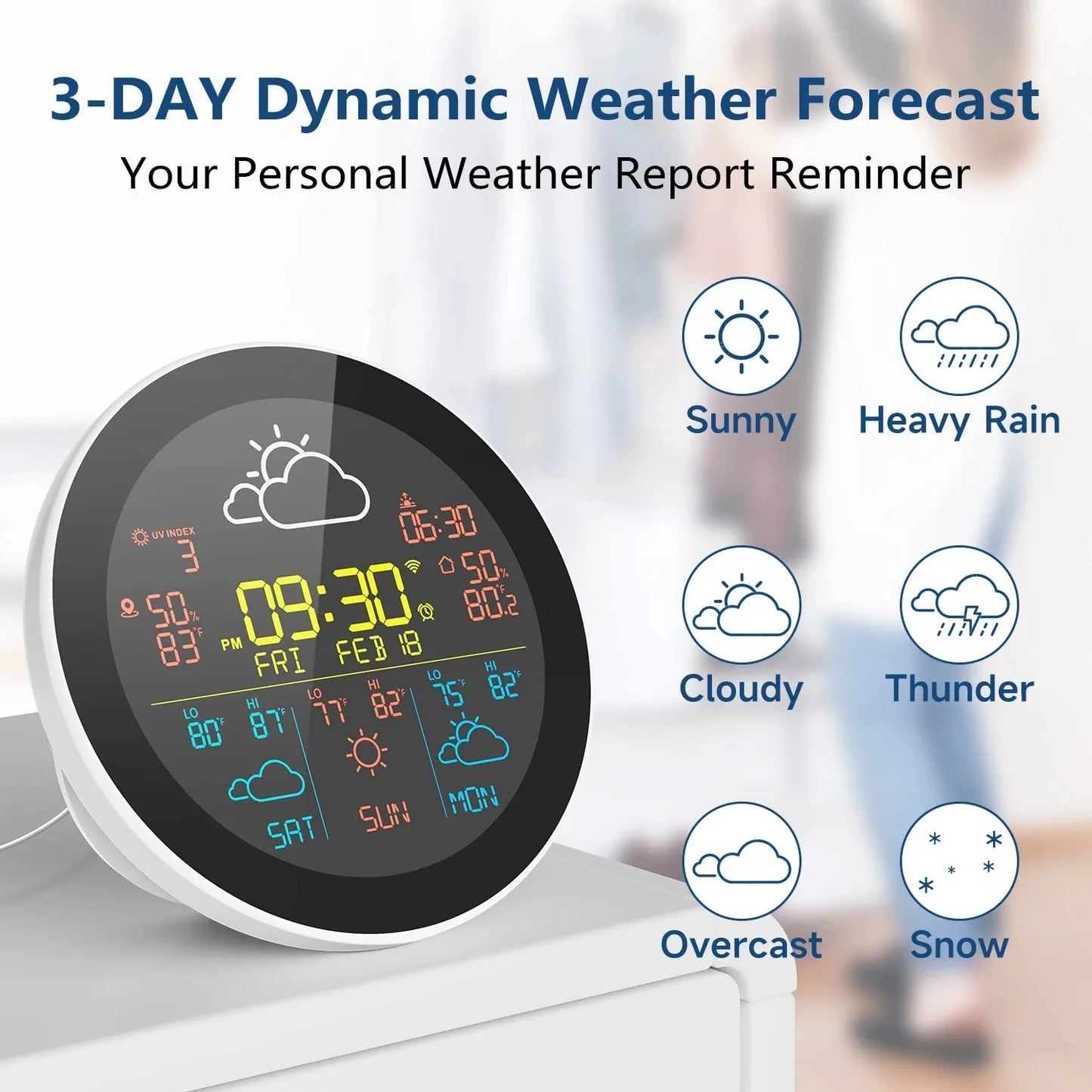 Station météo connectée Tuya Wi-Fi avec écran 7,5 pouces, prévisions sur 3 jours, thermomètre intérieur/extérieur, hygromètre, réveil sans fil et surveillance à distance