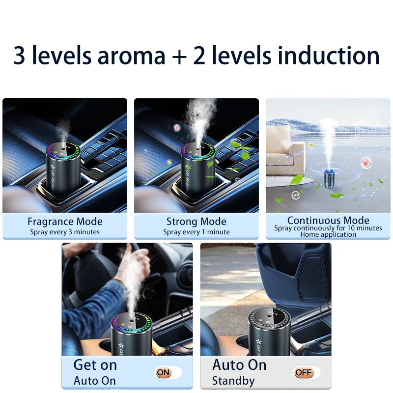 Parfum de voiture à pulvérisation automatique avec lumières LED en forme d'étoile, aromathérapie et élimination des odeurs, alliage d'aluminium durable