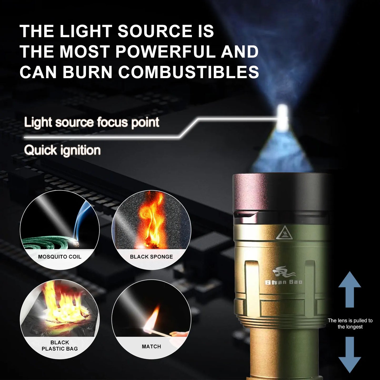 3000LM Zoom Flashlight Waterproof Adjustable Focus Ultra Bright Beam Can Ignite Flames