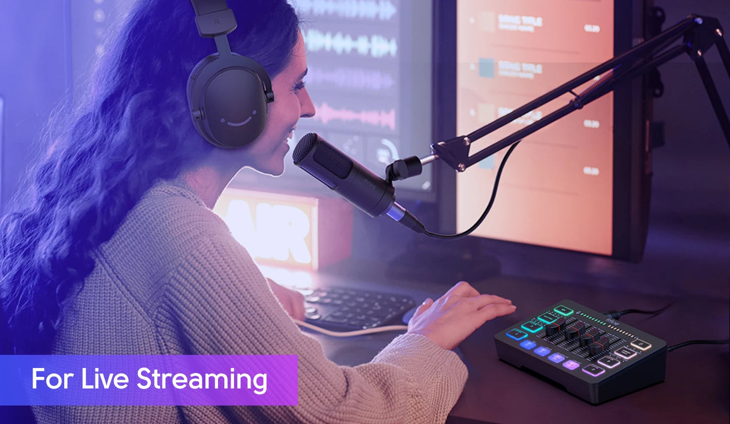 Console de mixage RGB 4 canaux AmpliGame SC3 Pro avec interface XLR/USB et alimentation fantôme 48 V pour jeux/podcasts/YouTube (certifiée Discord/OBS)