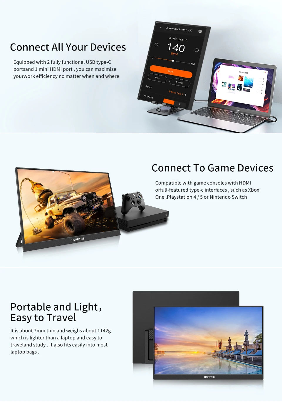 16" Touch Portable Monitor 2K 16:10 IPS Screen 96% sRGB 350cd/m² HDR Type-C/HDMI Dual Ports