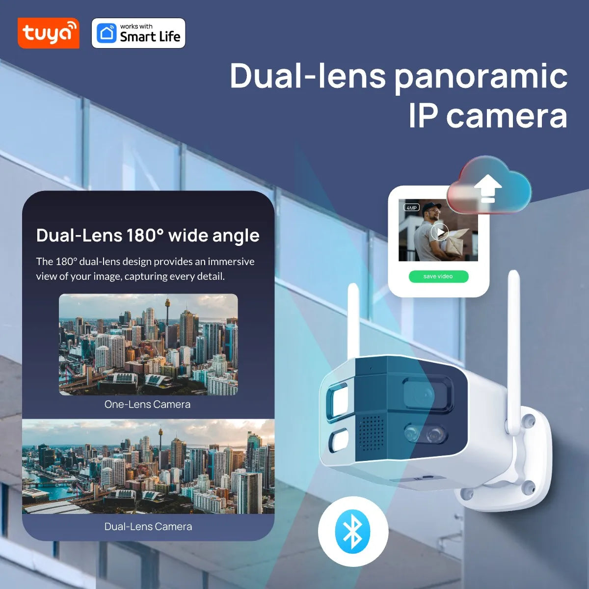 Security camera, outdoor camera, with color night vision/alarm/two-way communication network camera Tuya Smart 4MP 2.5K dual lens wide-angle 180 °