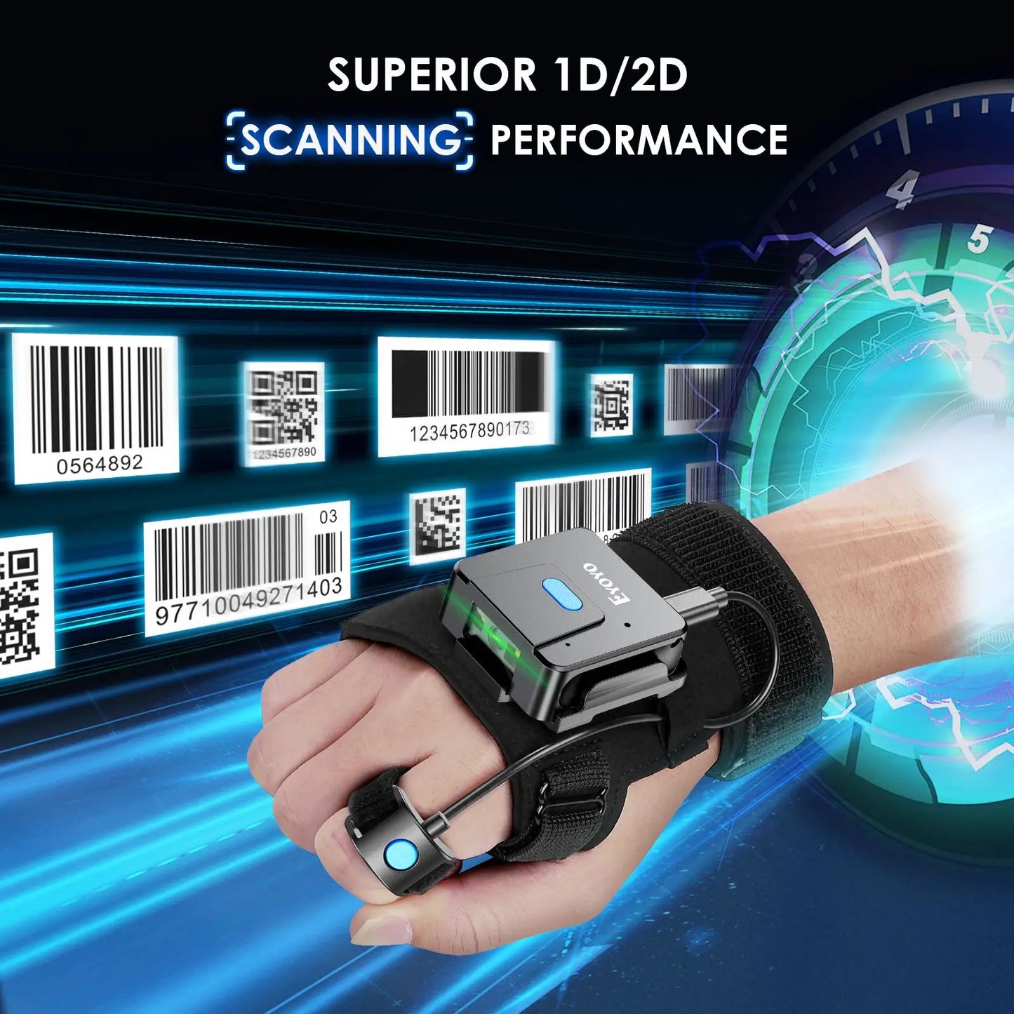 2D/1D Bluetooth Glove Scanner Wearable Finger Barcode Reader with 200 Scans/Sec & Vibration Alert for Retail/Warehouse (Left/Right Hand)