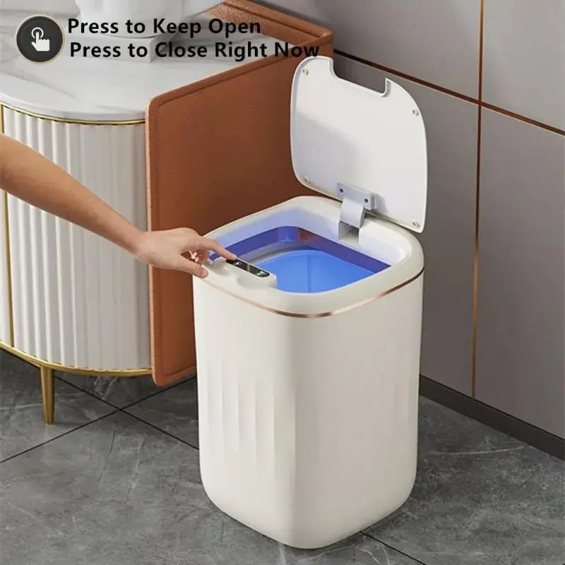 White touchless narrow sensing garbage bin, smart home, smart bathroom, garbage bin, automatic bagging, electronic garbage bin