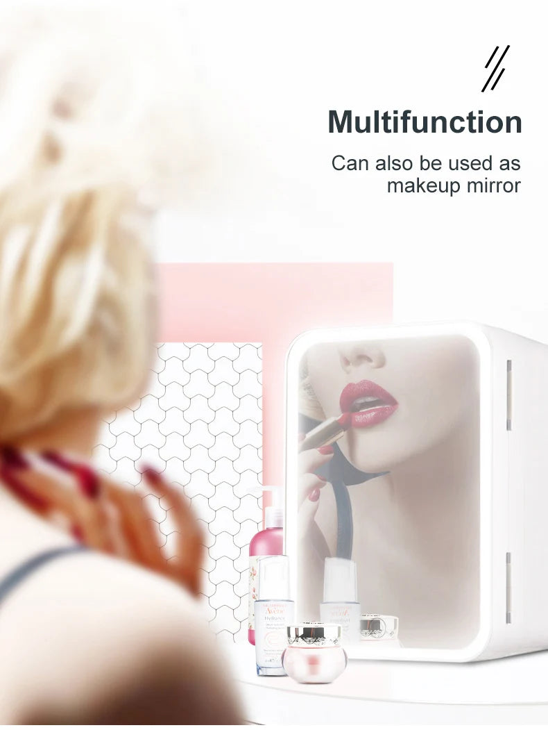 Mini réfrigérateur cosmétique 4L à miroir LED, mini réfrigérateur de beauté portable, réfrigérateur domestique et de voiture à double usage pour la conservation de la température constante et les soins de la peau