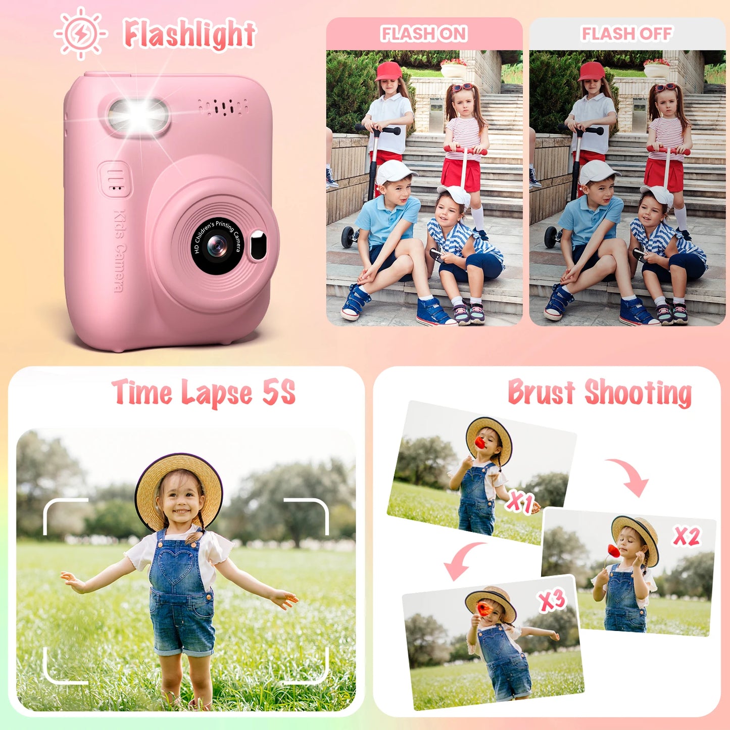 Kids Instant Print Camera 32MP HD 1080P 3" Screen & 3 Paper Rolls Fun Gift Ages 6-12 Years