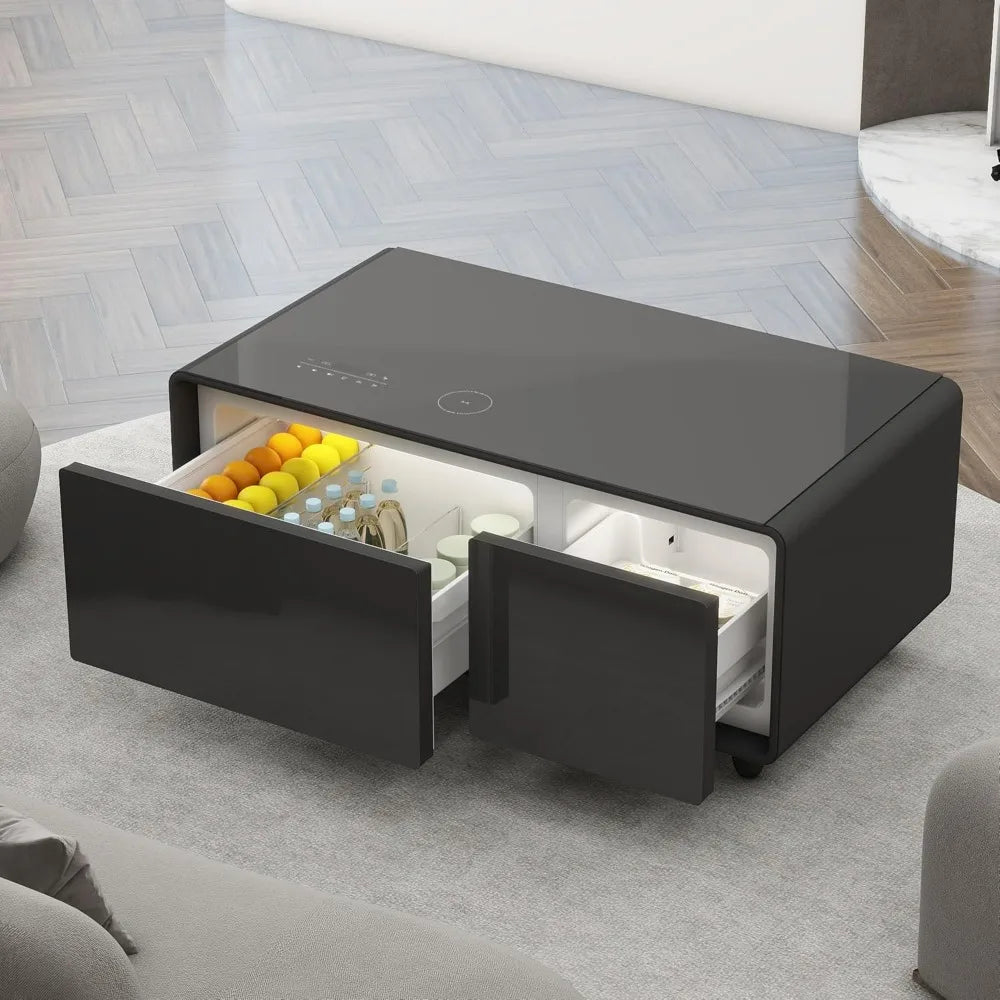 Smart Coffee Table with Built-in Refrigerator, Bluetooth Speaker, Wireless Charging, Touch Panel, and Socket Protection