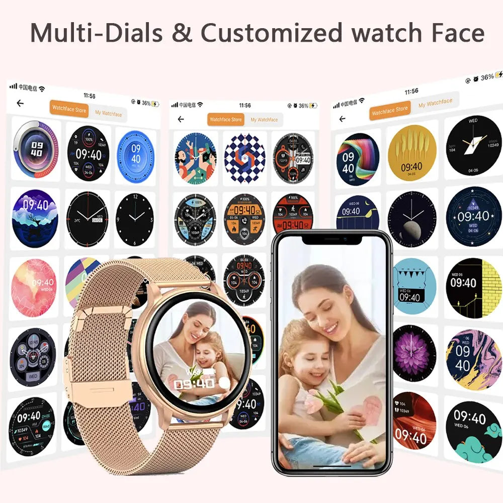 Montre connectée pour femme, moniteur d'activité physique, moniteur de fréquence cardiaque, compatible Android et iOS, avec appels Bluetooth