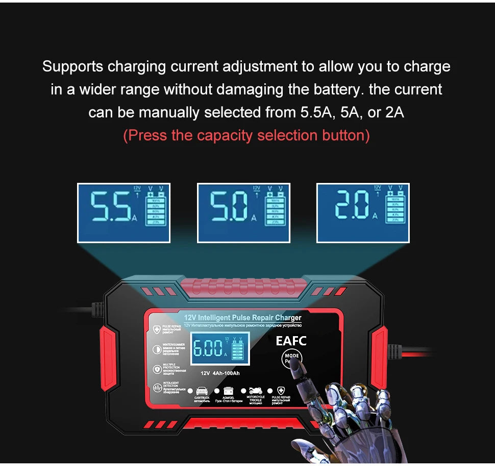 12V6A Smart Battery Charger Pulse Repair LCD Display AGM/GEL/Lead-Acid Auto & Motorcycle