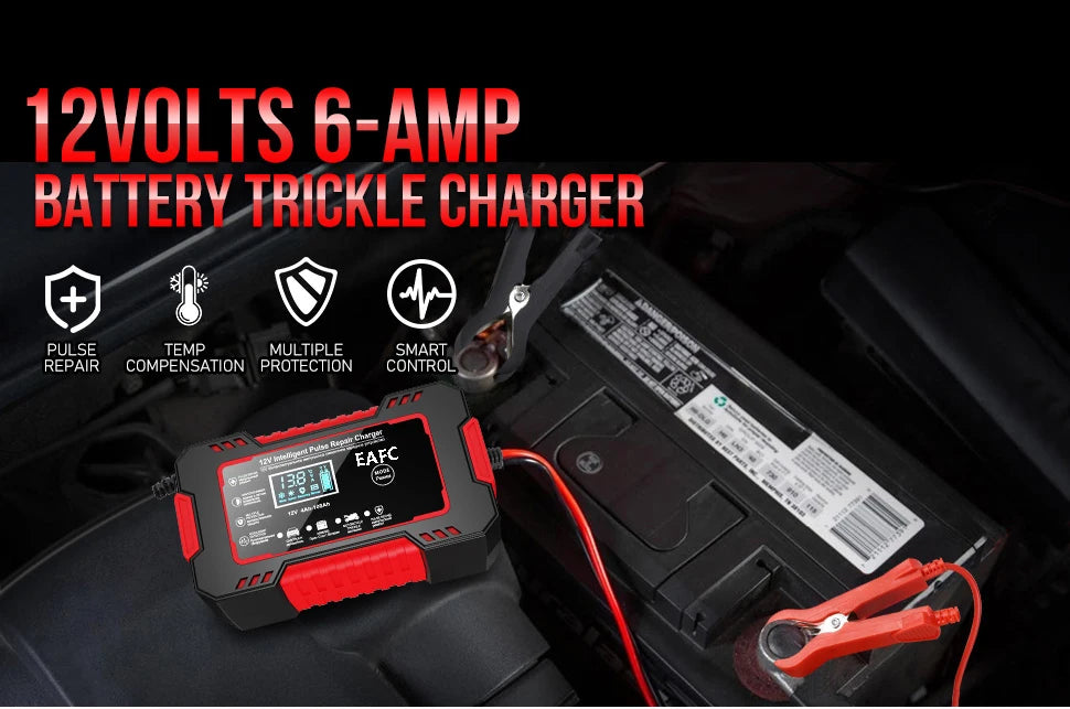 12V6A Smart Battery Charger Pulse Repair LCD Display AGM/GEL/Lead-Acid Auto & Motorcycle