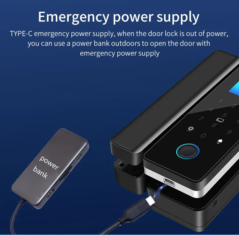 Tuya Smart Fingerprint Door Lock IP54 Waterproof Bluetooth Electronic Rim Lock for Glass Doors with Remote App Control