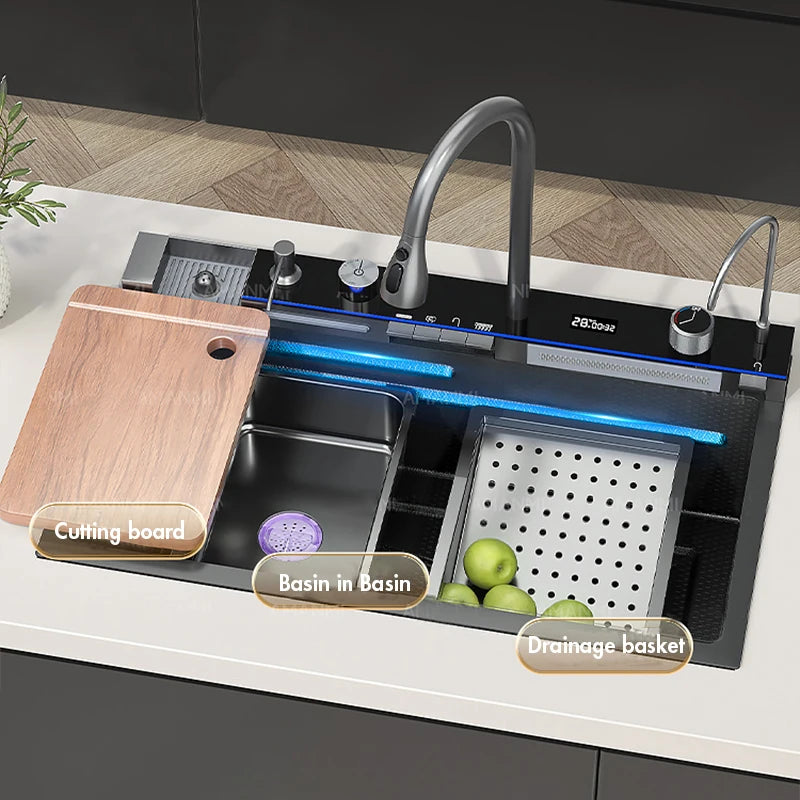 Integrated Digital Display Faucet Set Soap Cup Cleaning Machine 304 Stainless Steel Waterfall Style Kitchen Sink Large Single Slot