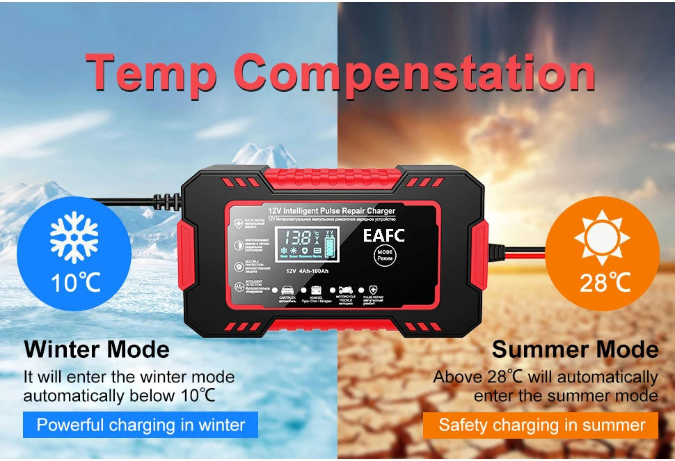 12V6A Smart Battery Charger Pulse Repair LCD Display AGM/GEL/Lead-Acid Auto & Motorcycle