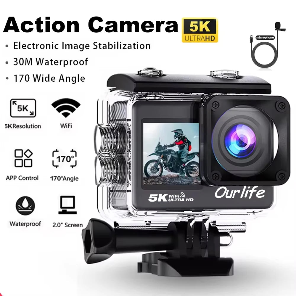 5K/4K60FPS Action Cam: Dual Touch Screen WiFi EIS 170° FOV 30M Waterproof w/ Remote