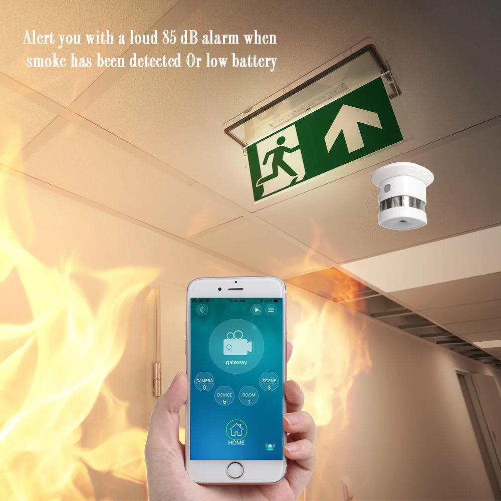 Zigbee Smoke Alarm Detector 2.4GHz Wireless Smart Home Sensor with 85dB Audible Alert High Sensitivity & Tuya APP Integration