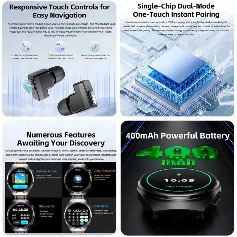 Smart Watch Earphones 2-in-1 Wireless Bluetooth Dual Earphones Call Health Monitoring Sports Tracker Smart Watch