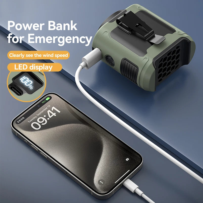 Ventilateur de taille portable à suspendre au cou avec bande de vent puissante, alimentation portable 2KmAh, éclairage LED