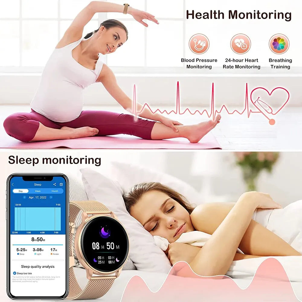 Montre connectée pour femme, moniteur d'activité physique, moniteur de fréquence cardiaque, compatible Android et iOS, avec appels Bluetooth