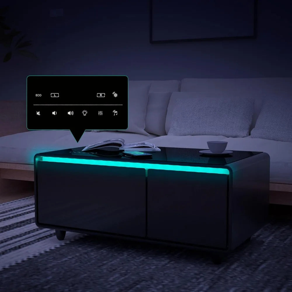 Smart Coffee Table with Built-in Refrigerator, Bluetooth Speaker, Wireless Charging, Touch Panel, and Socket Protection