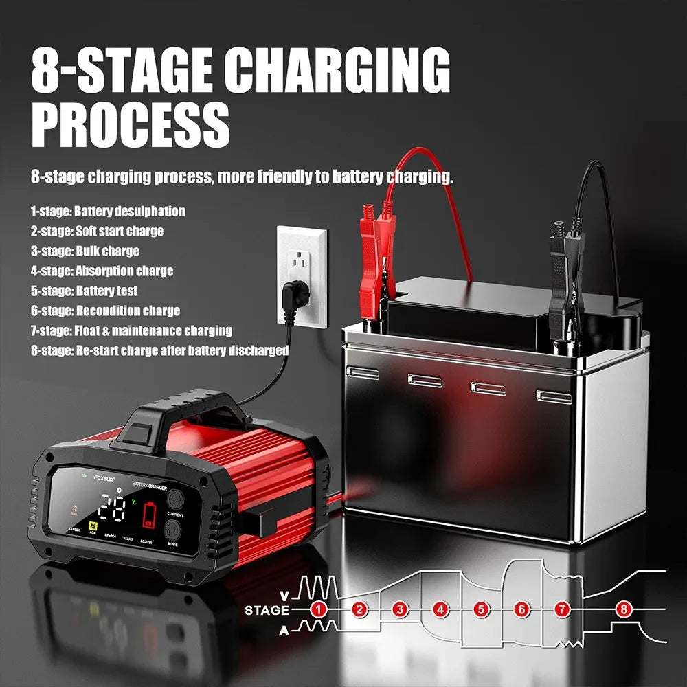 Chargeur intelligent V-24 V 25 A/15 A pour batteries de voiture/moto, plomb-acide/AGM/GEL/LiFePO4, réparation par impulsions