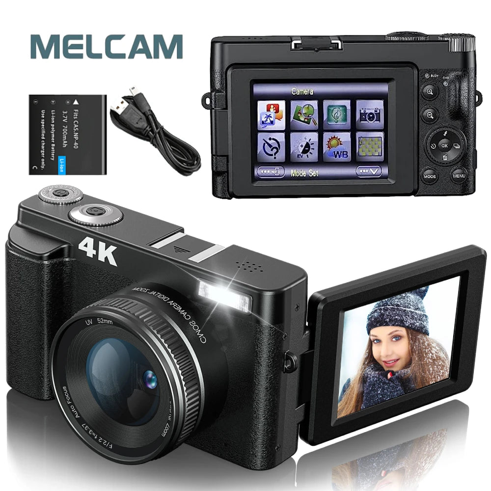 4K/48MP Vlog Camera 3'' Flip Screen Autofocus Anti-Shake 16X Zoom & Flash Compact for Travel