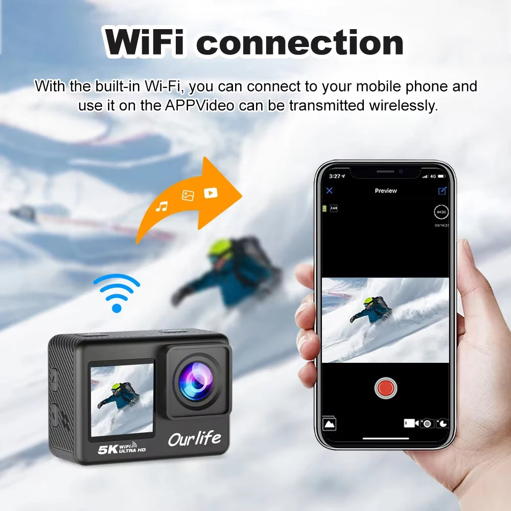 5K/4K60FPS Action Cam: Dual Touch Screen WiFi EIS 170° FOV 30M Waterproof w/ Remote