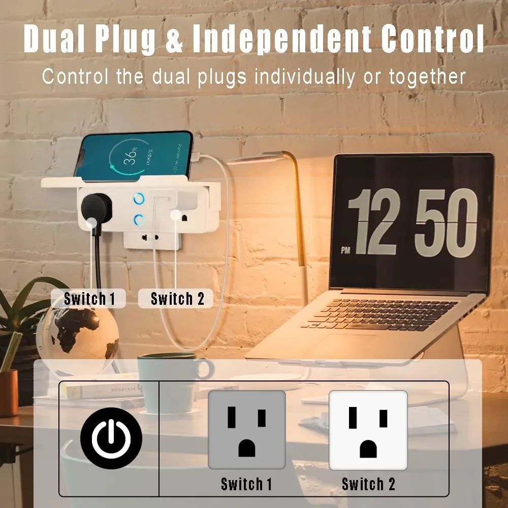 Tuya App and Alexa, Google Home Wifi Smart Socket, Us Plug with Power Strip, Dual Socket Timing Function, Smart Life