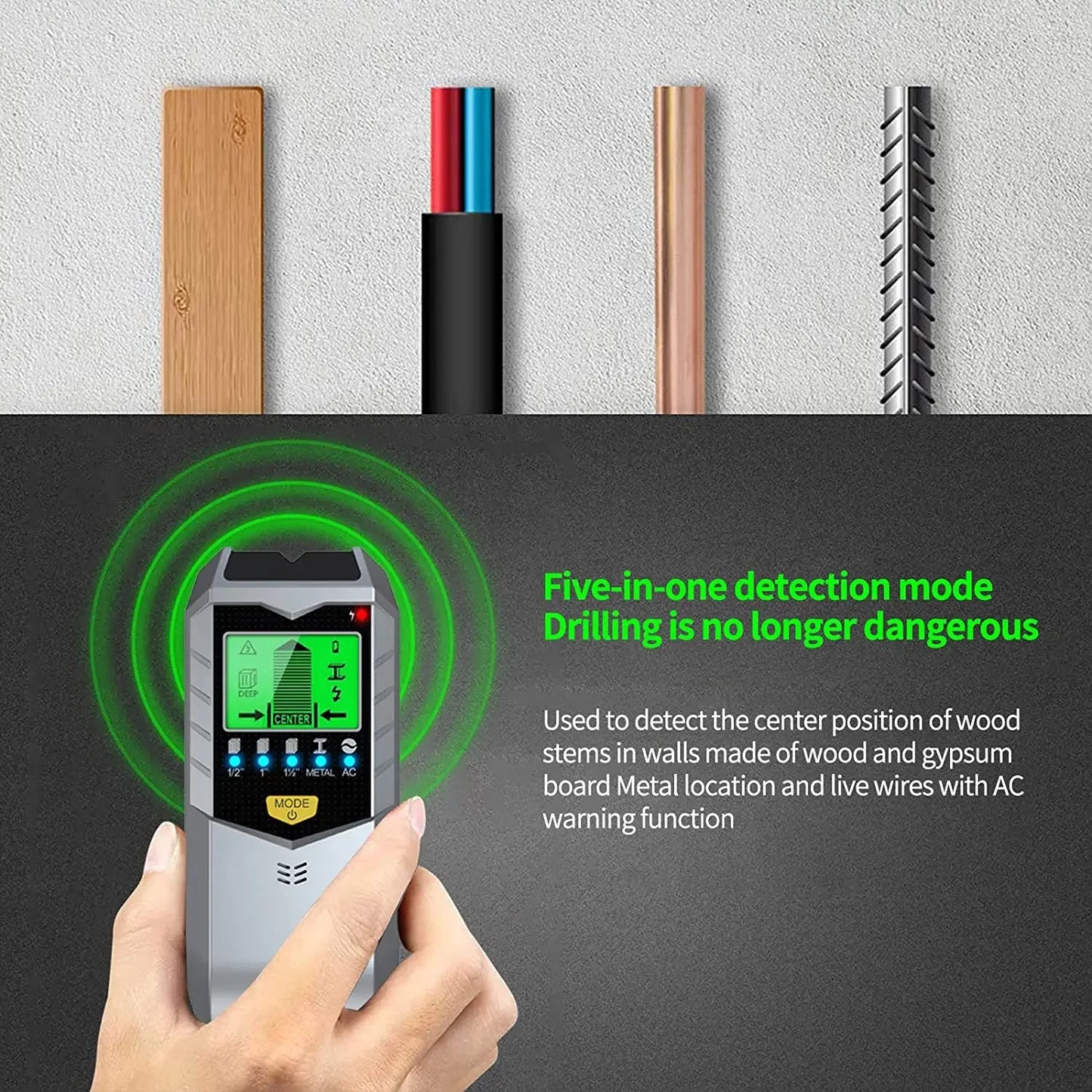 5-in-1 Electronic Wall Scanner Stud/Metal/Wood Detector LCD Display AC Wire Detection Portable Handheld Measuring Tool