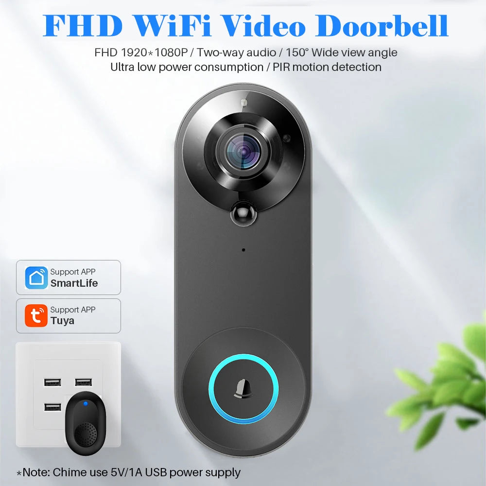 Tuya 1080P WiFi Smart Doorbell Camera Wireless High-Definition Visual Intercom, PIR Human Body Sensing+Motion Detection, IP65 Waterproof Night Vision Supports Remote Monitoring
