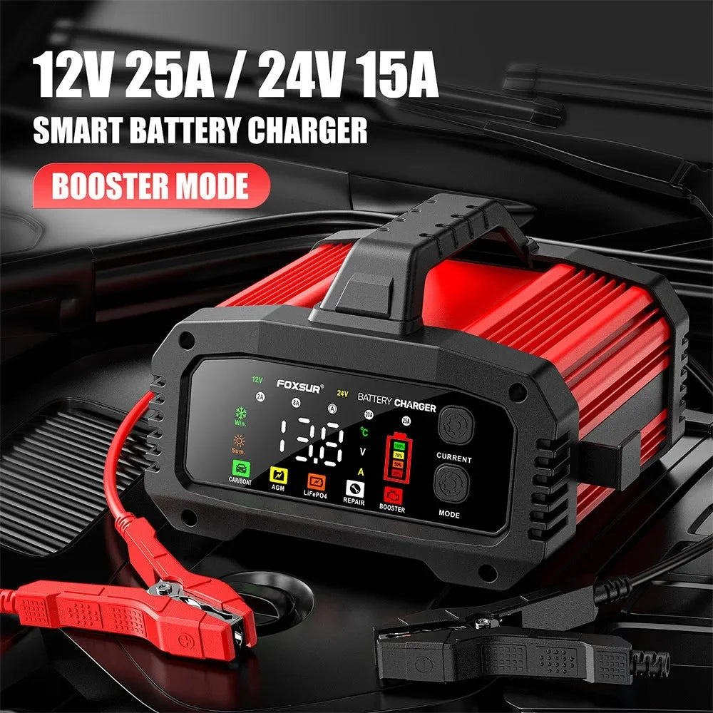 Chargeur intelligent V-24 V 25 A/15 A pour batteries de voiture/moto, plomb-acide/AGM/GEL/LiFePO4, réparation par impulsions