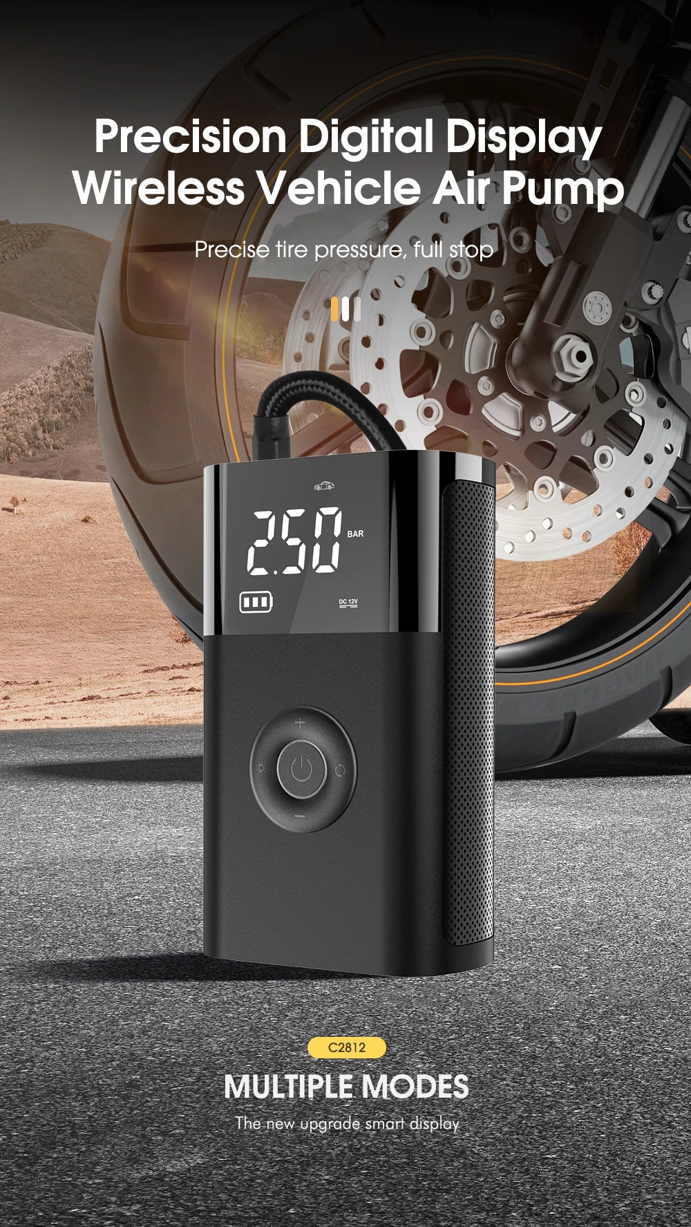 Pompe à air portable pour voiture/moto/vélo, sans fil, lumière LED, gonflage rapide pour pneus et ballons