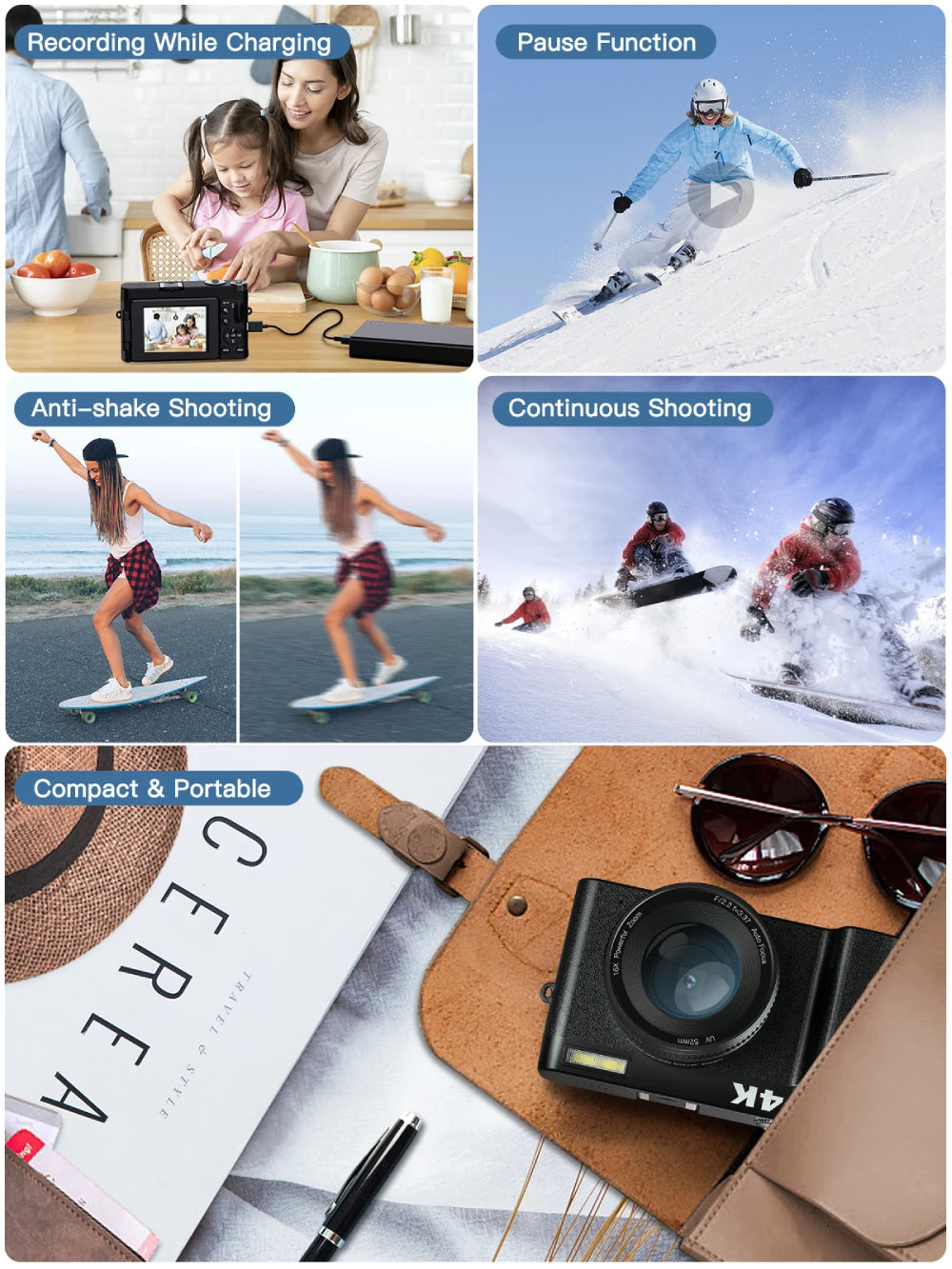 4K/48MP Vlog Camera 3'' Flip Screen Autofocus Anti-Shake 16X Zoom & Flash Compact for Travel
