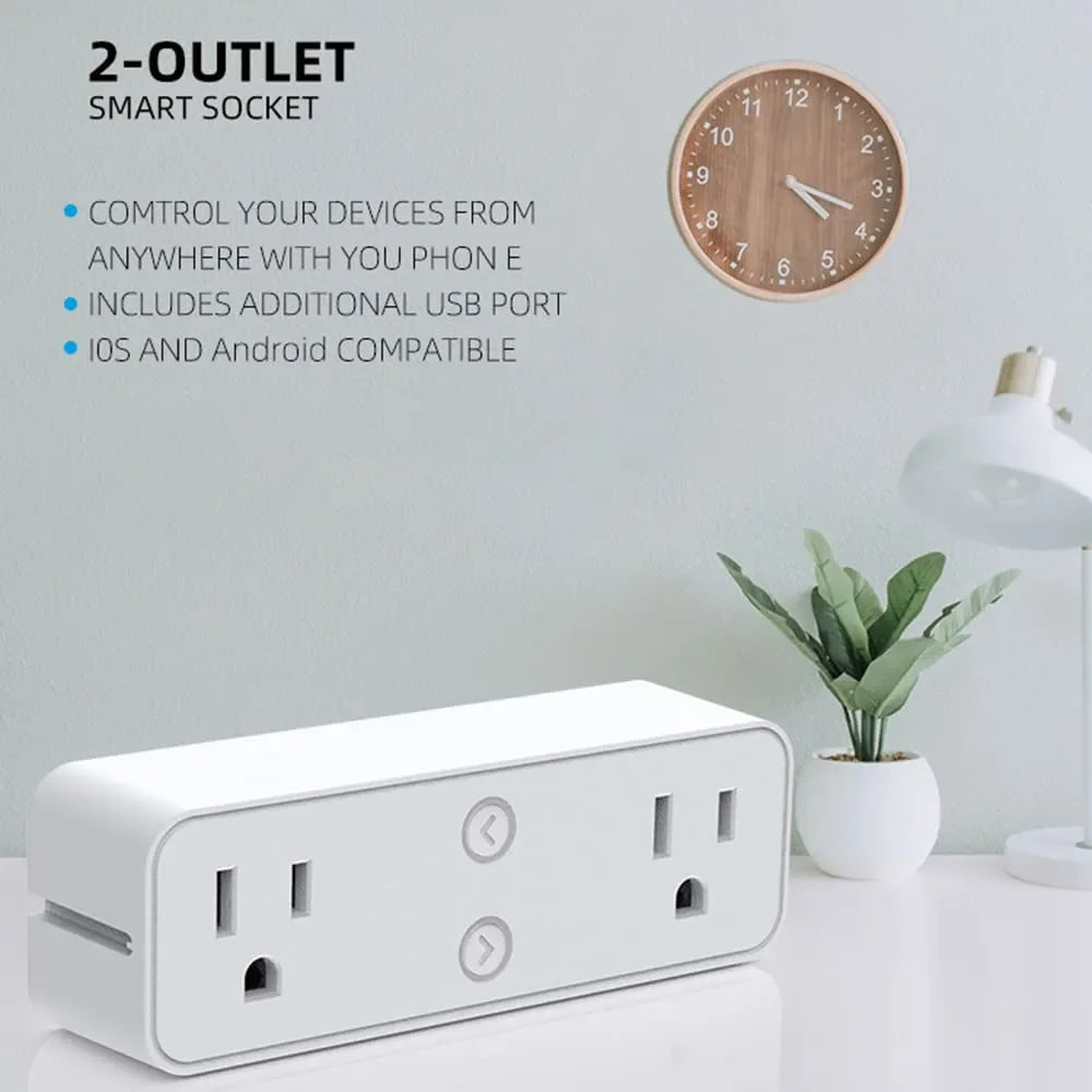 Tuya App and Alexa, Google Home Wifi Smart Socket, Us Plug with Power Strip, Dual Socket Timing Function, Smart Life