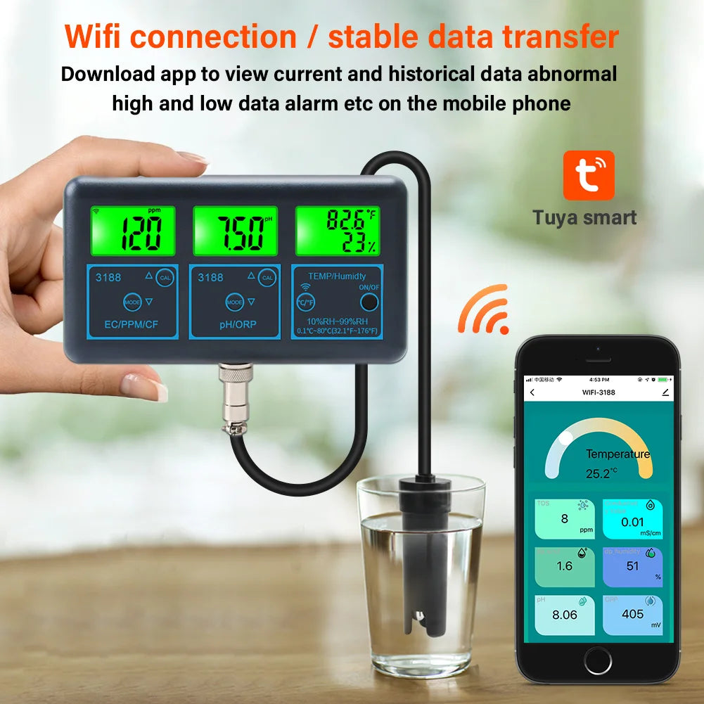 Tuya Smart WiFi Water Quality Tester 5-in-1 PH/Temp/TDS/EC/ORP Monitor for Aquariums Hydroponics & Pools High Precision with APP Remote Analysis