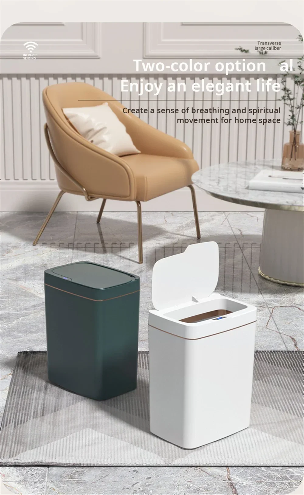 15L intelligent induction garbage bin with automatic packaging and bag changing. Narrow body design suitable for white in bathroom/living room