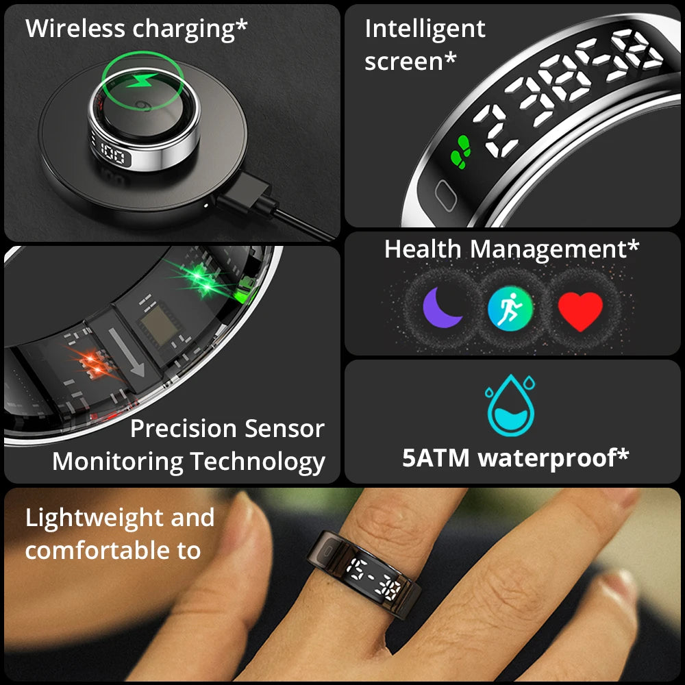 Bague connectée avec écran tactile, moniteur de santé et de forme physique (fréquence cardiaque, sommeil, SpO2), étanche à 5 ATM, chargement sans fil, design unisexe pour hommes et femmes