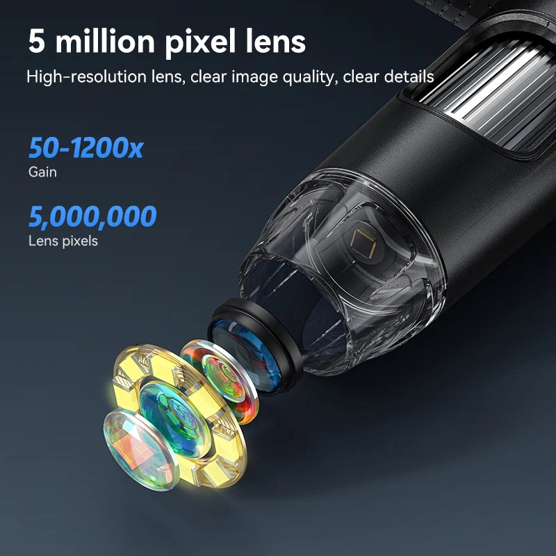 Microscope électronique ultra-clair 5 MP, écran tactile 7 pouces, grossissement 1200x, mesure professionnelle pour pièces de monnaie/PCB avec éclairage 8 LED sans ombre