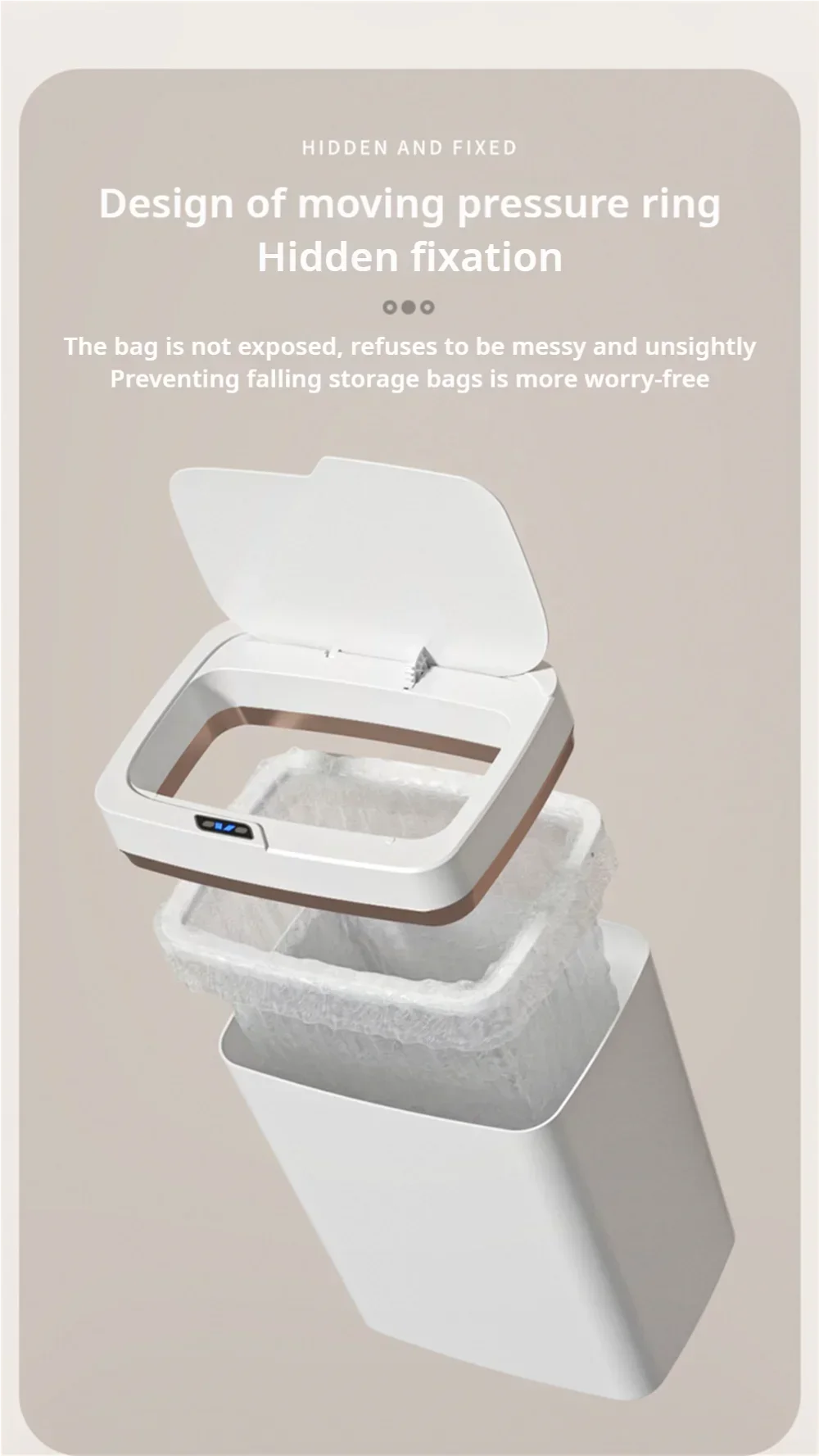 15L intelligent induction garbage bin with automatic packaging and bag changing. Narrow body design suitable for white in bathroom/living room
