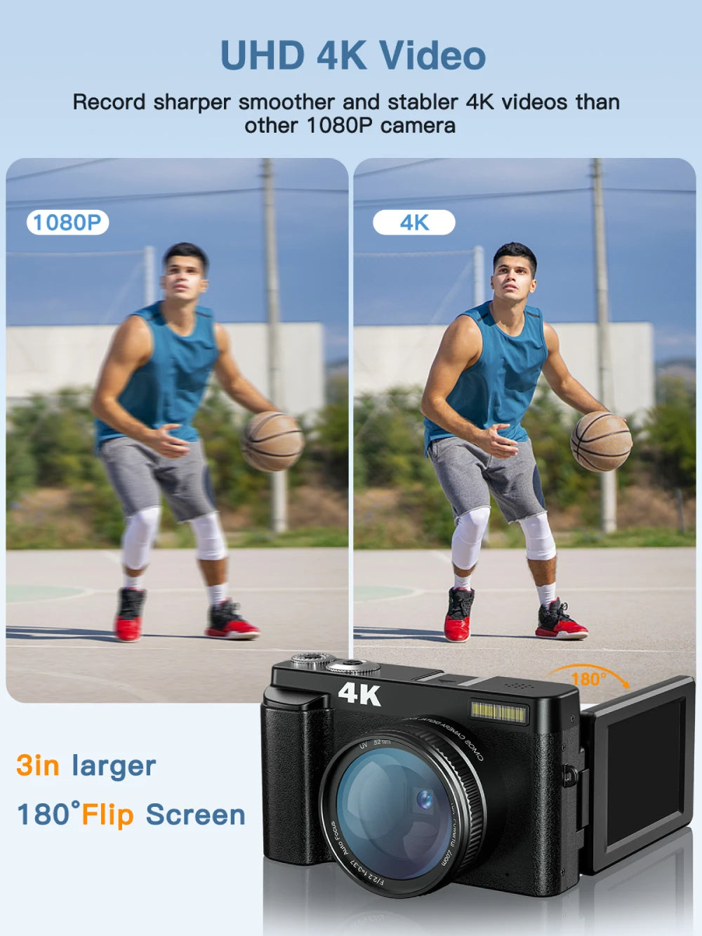 4K/48MP Vlog Camera 3'' Flip Screen Autofocus Anti-Shake 16X Zoom & Flash Compact for Travel