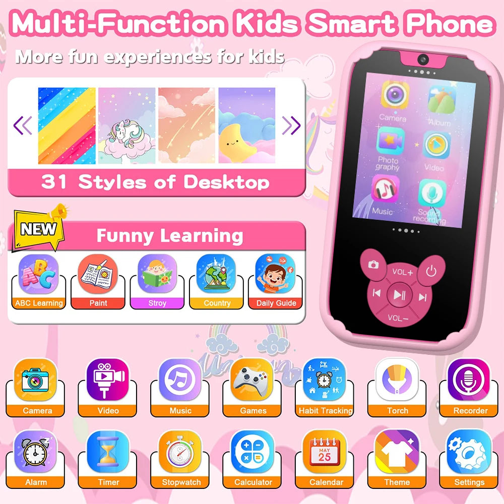 Kids Smart Phone Toy Dual Camera 8GB Memory Music & Games Educational Gift Ages 3-12