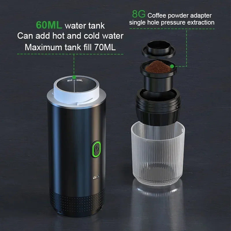 Suitable For Car and Home Camping Coffee Machines, Three in One Capsule Powder Travel Coffee Machines, Wireless Electric Portable Espresso Machines