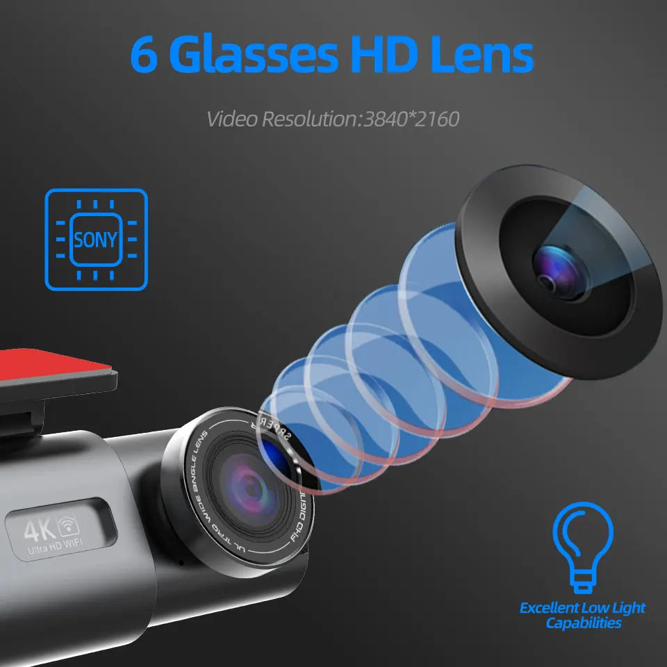4K Dual Lens Dash Cam w/WiFi GPS 24H Parking Mode Night Vision Car DVR Video Recorder 170°FOV