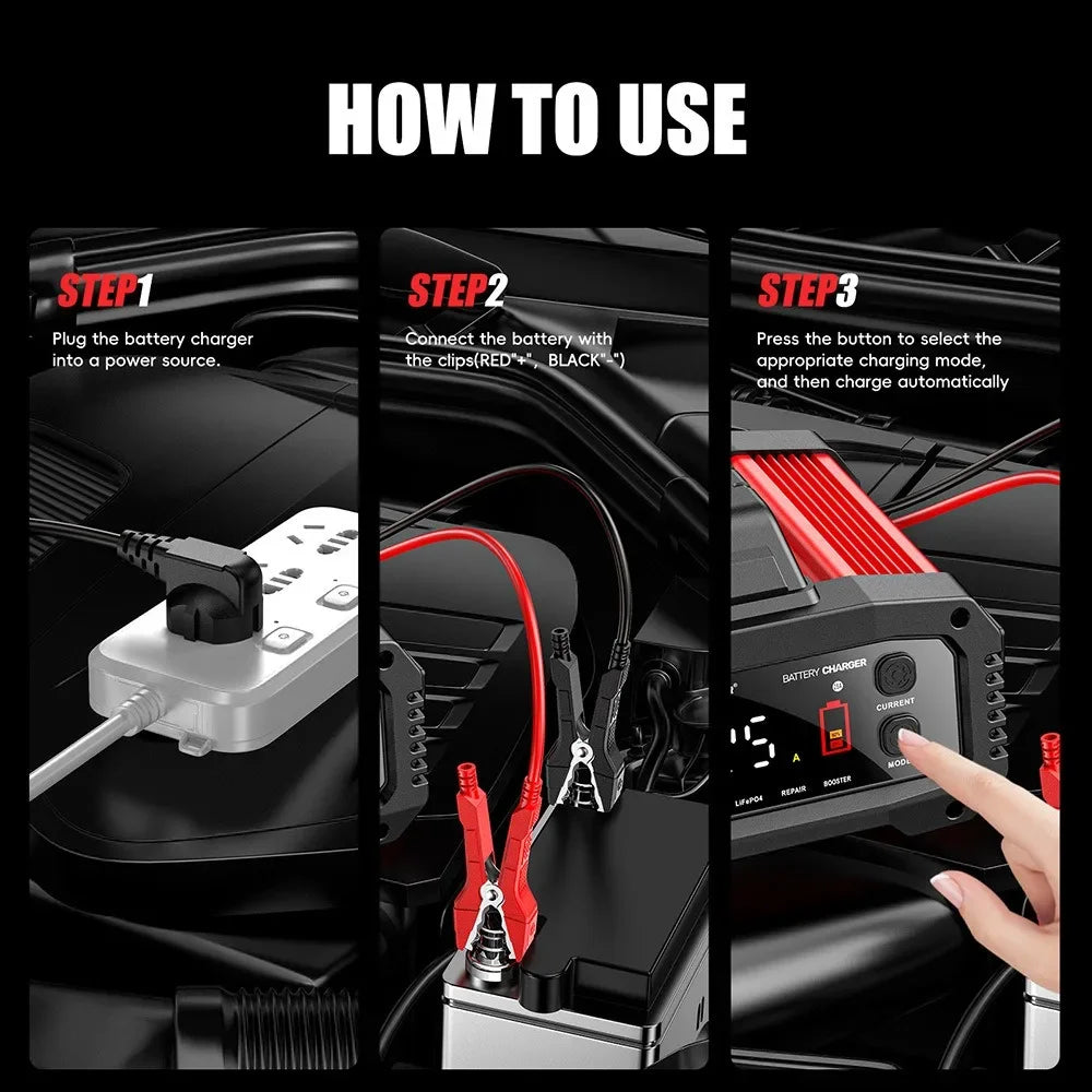 Chargeur intelligent V-24 V 25 A/15 A pour batteries de voiture/moto, plomb-acide/AGM/GEL/LiFePO4, réparation par impulsions