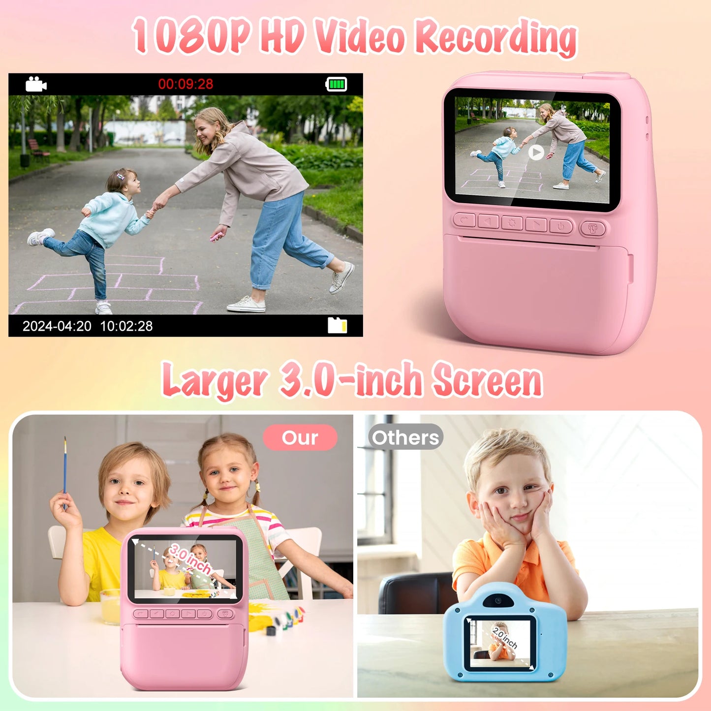 Kids Instant Print Camera 32MP HD 1080P 3" Screen & 3 Paper Rolls Fun Gift Ages 6-12 Years