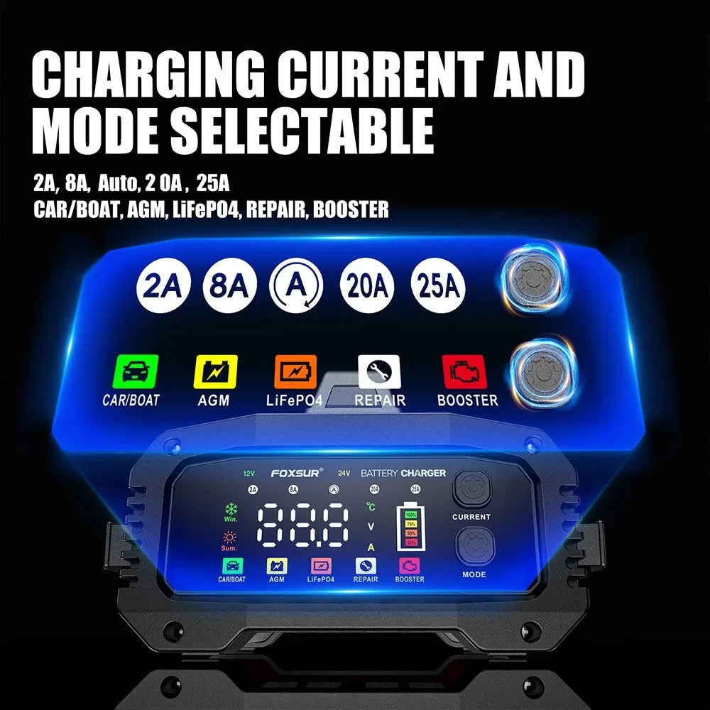 Chargeur intelligent V-24 V 25 A/15 A pour batteries de voiture/moto, plomb-acide/AGM/GEL/LiFePO4, réparation par impulsions